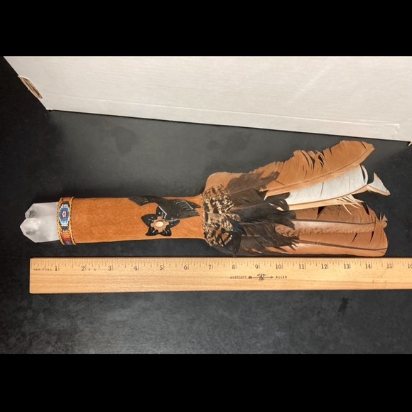 Ceremonial Smudge Fan w/Quartz Crystal American Indian Wand - Picture 7 of 9